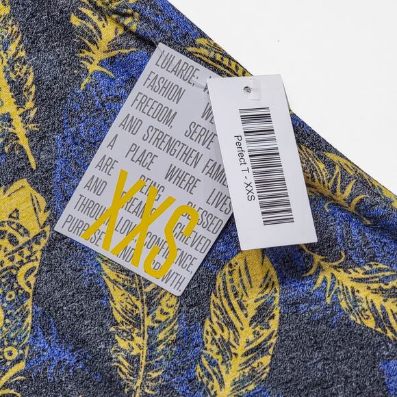 LuLaRoe Perfect T XXS Feather Grey Yellow Blue Boho Tribal Swing Tunic Tee Top - Picture 2 of 8